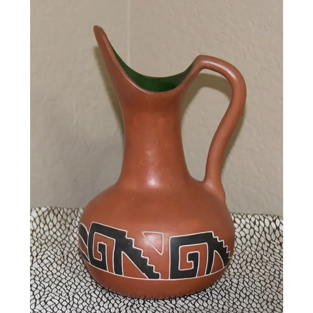 Mexican Hand Crafted Aztec Design Water Jug Pitcher - Red Clay / Barro Rojo